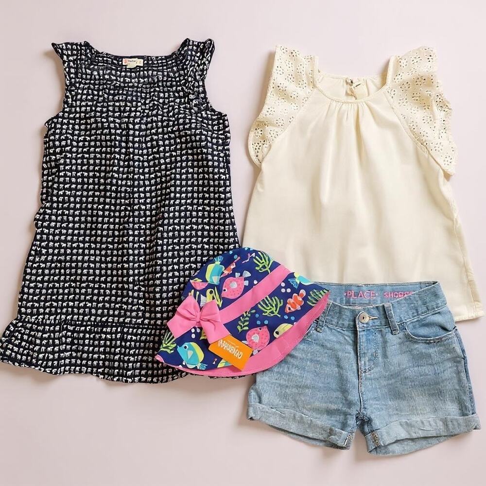 Bundle 4pc Girls Summer Crewcuts Gymboree TCP size 6-7 dress shorts top sun hat